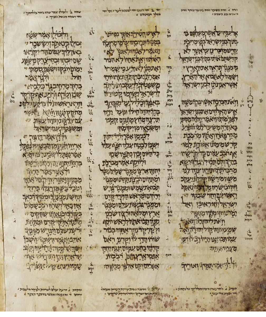 A page from the Aleppo Codex, columns of Hebrew biblical text with vocalization marks on aged parchment