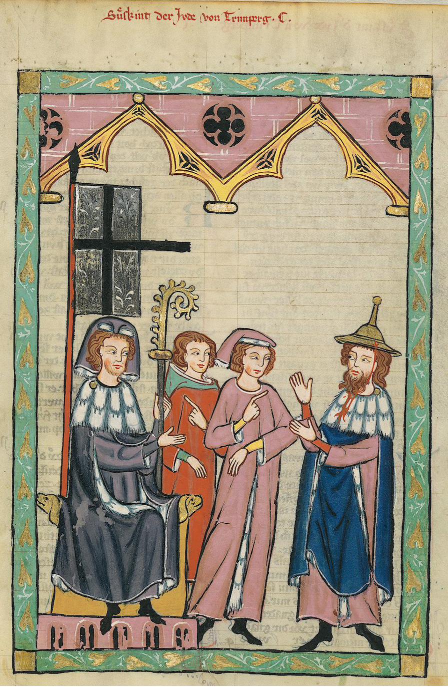 A medieval manuscript illustration showing the Jewish poet Süsskind von Trimberg in the pointed Judenhut
