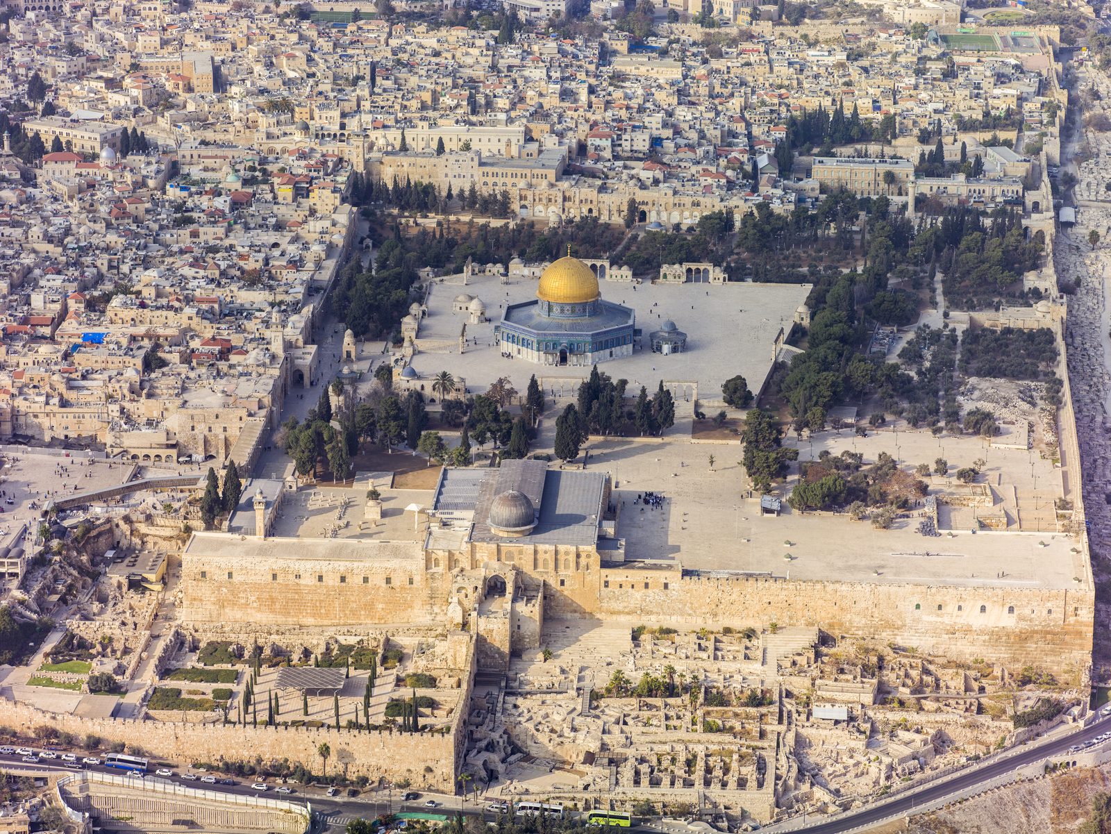 Aerial photograph of the Temple Mount in Jerusalem, with the Western Wall plaza at its base