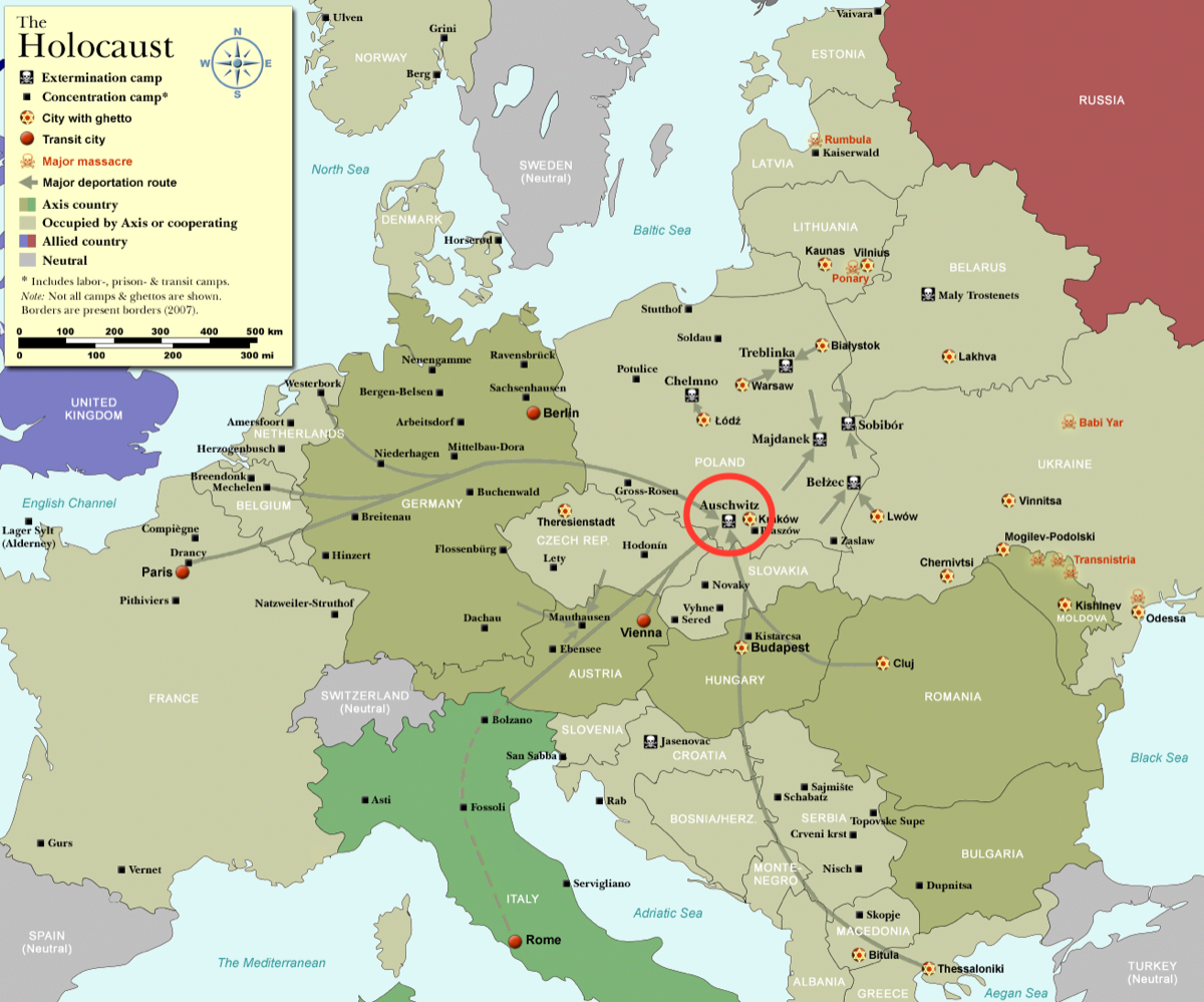 A map of occupied Europe marking the Nazi concentration camps, killing centers, ghettos, and deportation routes.