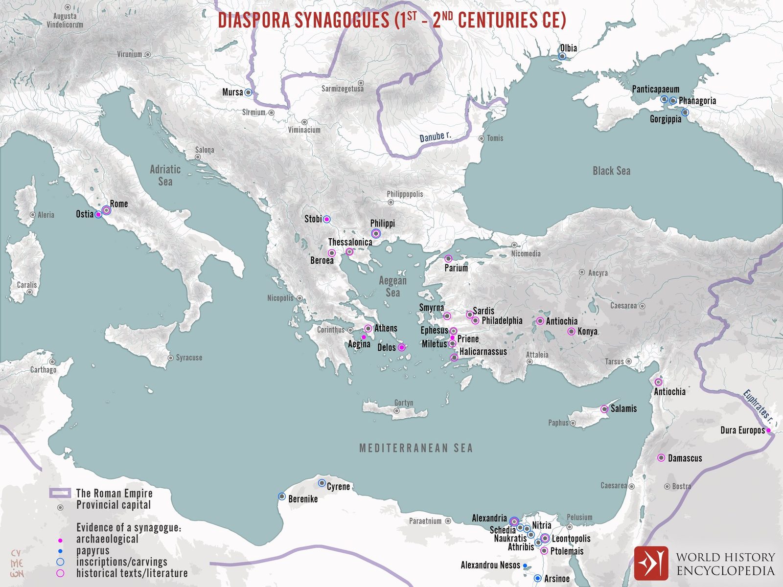 A map showing synagogues spread across the ancient Mediterranean and Middle East