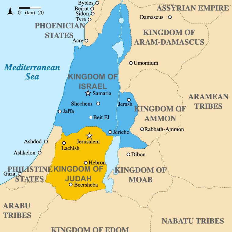 A map of the two kingdoms around 830 BCE: Israel in the north and Judah in the south.