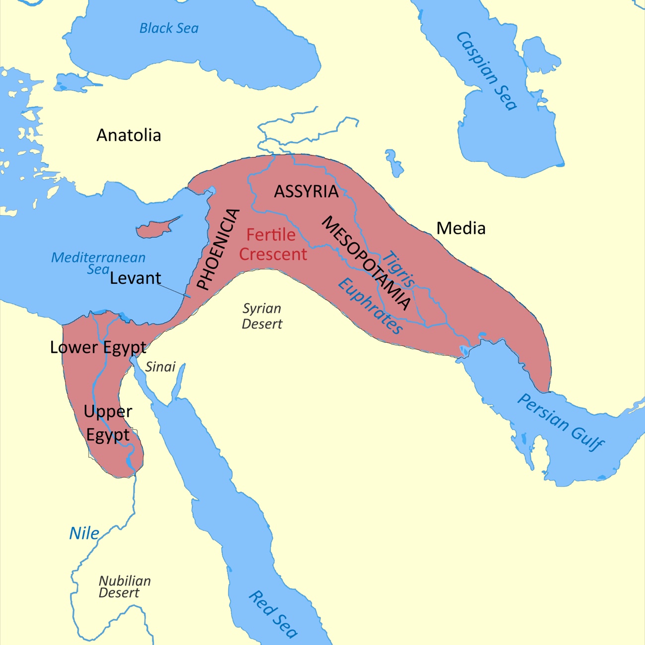A map of the ancient Near East with the Fertile Crescent shaded in red, arcing from Egypt and the Nile in the west, up through the Levant and Phoenicia on the Mediterranean coast, and across Mesopotamia between the Tigris and Euphrates to the Persian Gulf.