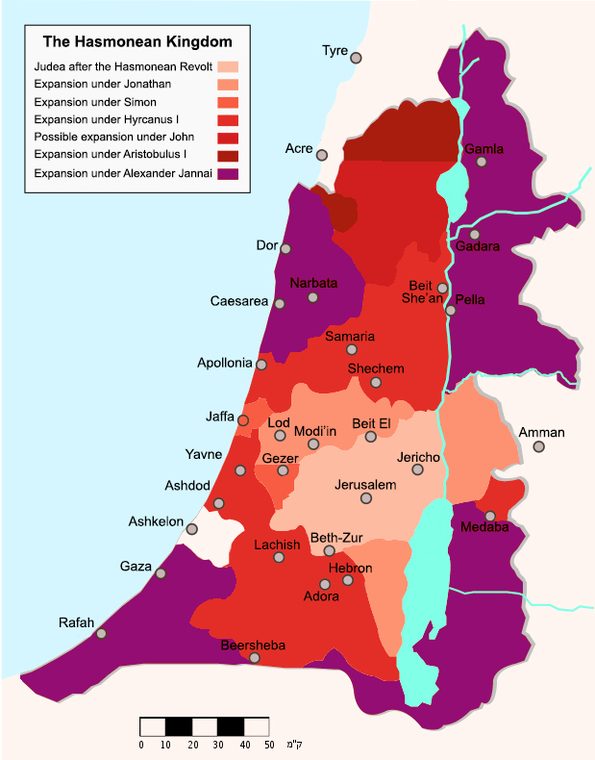 A map of the Hasmonean kingdom around 100 BCE, a large independent Jewish state reaching the coast, the Galilee, and across the Jordan.