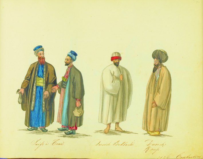 A watercolor of four standing men: two Jewish men of Constantinople in turbans and long robes at left, beside two dervishes in plain cloaks.