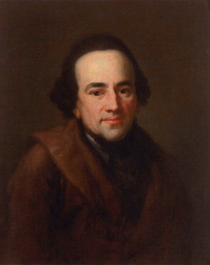 An eighteenth-century oil portrait of Moses Mendelssohn, a man in a plain coat and white collar with a direct, thoughtful expression.